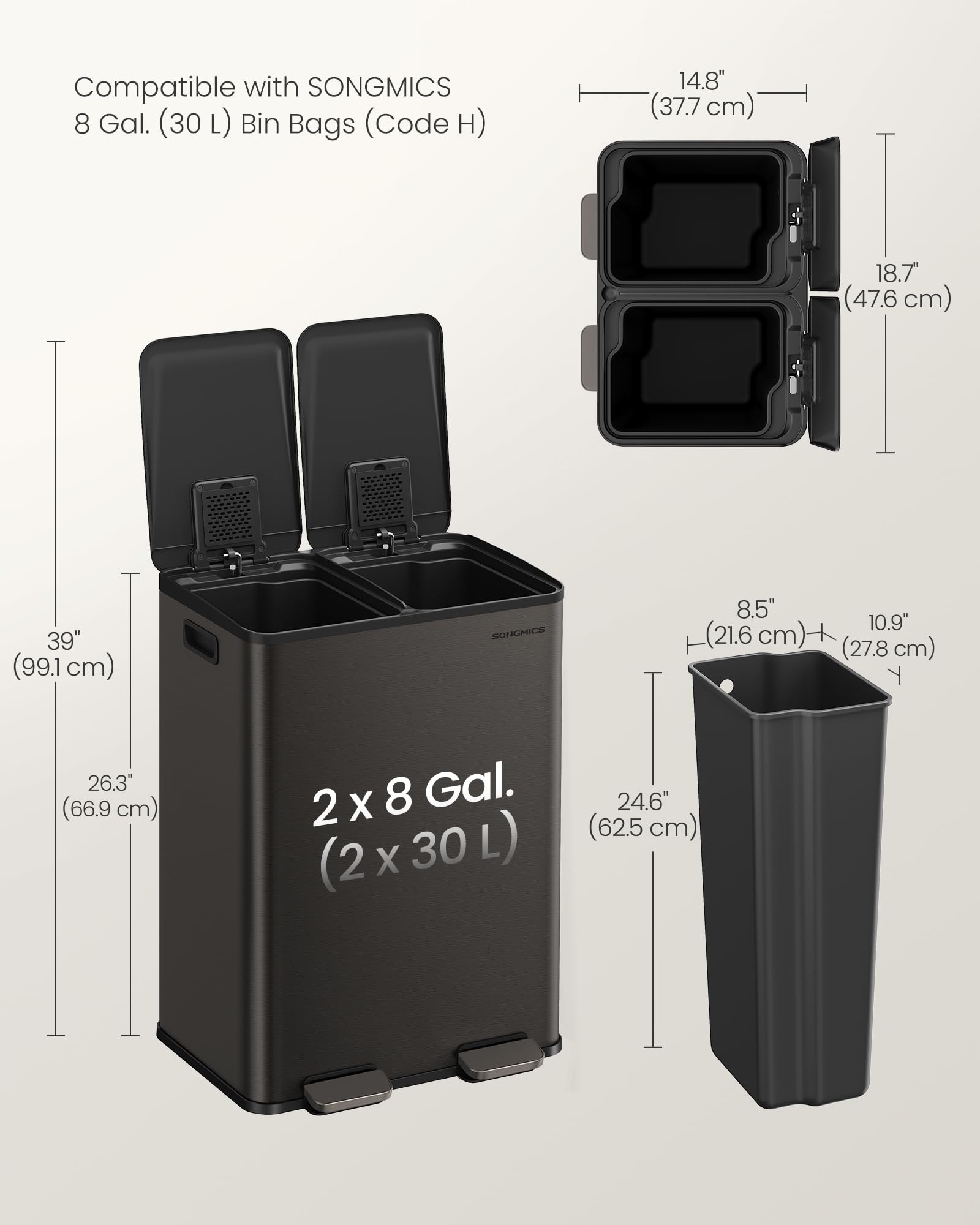 SONGMICS Trash Can, 2 x 8 Gallon (2 x 30 L) Dual-Compartment Garbage Can with Soft-Close Lid, Pedal and Inner Buckets, Stainless Steel, Includes 15 Liner Bags, Slate Gray ULTB741G01 - Image 6