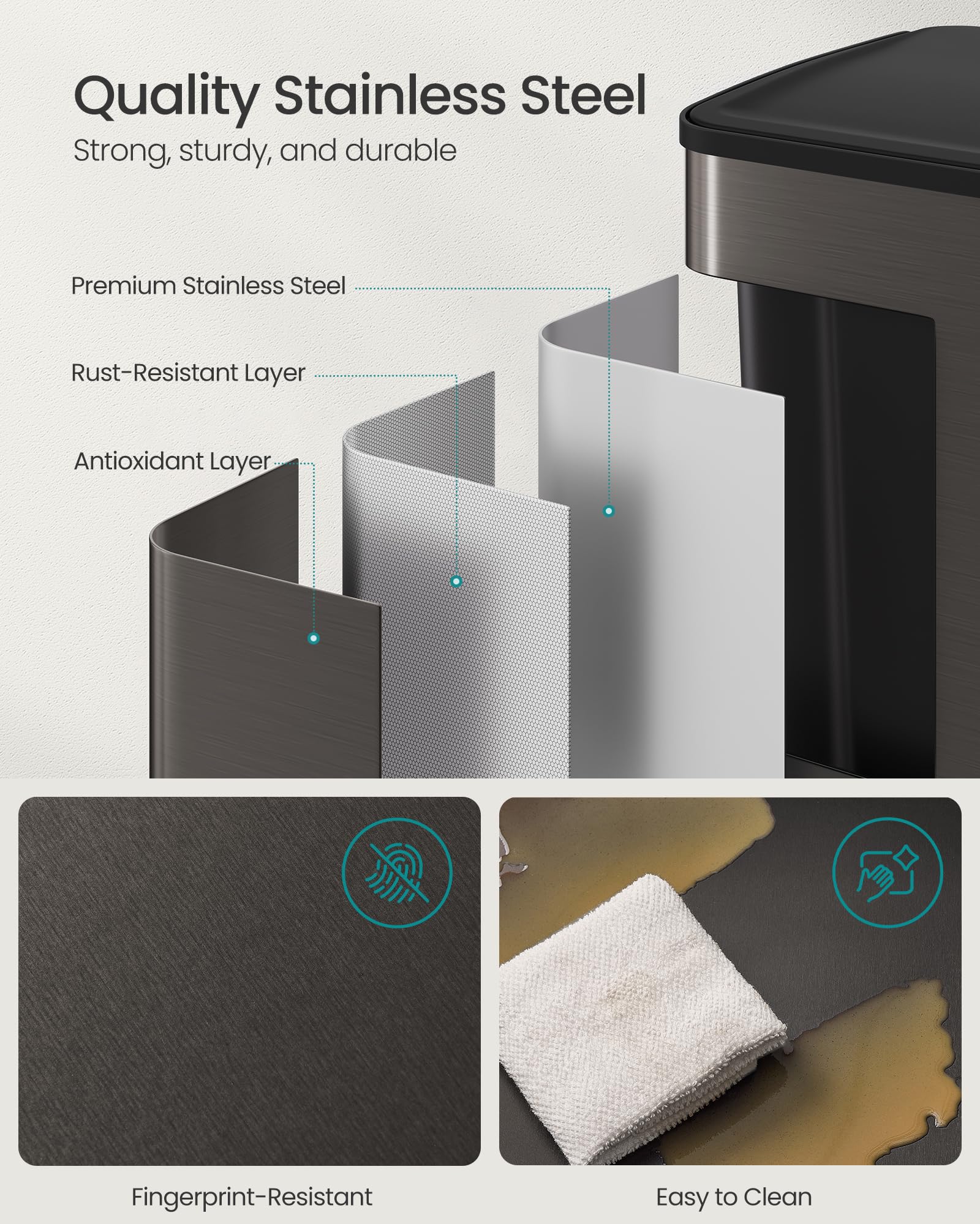 SONGMICS Trash Can, 2 x 8 Gallon (2 x 30 L) Dual-Compartment Garbage Can with Soft-Close Lid, Pedal and Inner Buckets, Stainless Steel, Includes 15 Liner Bags, Slate Gray ULTB741G01 - Image 7