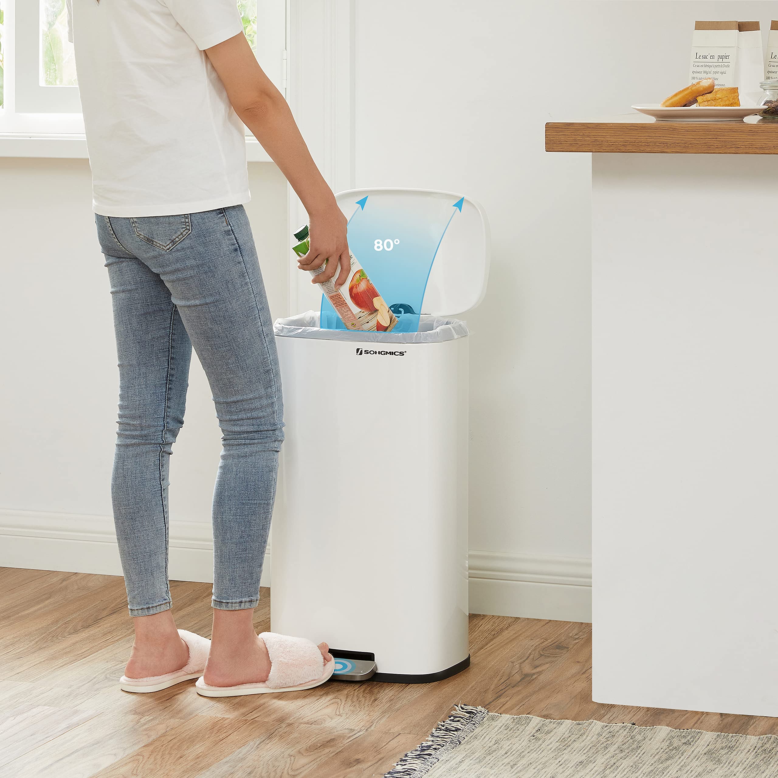 SONGMICS Trash Can with Lid, 8 Gallon Garbage Can, Stainless Steel Small Waste Bin with Step Pedal and Inner Bucket, Soft Close, Kitchen, White ULTB102W01 - Image 3