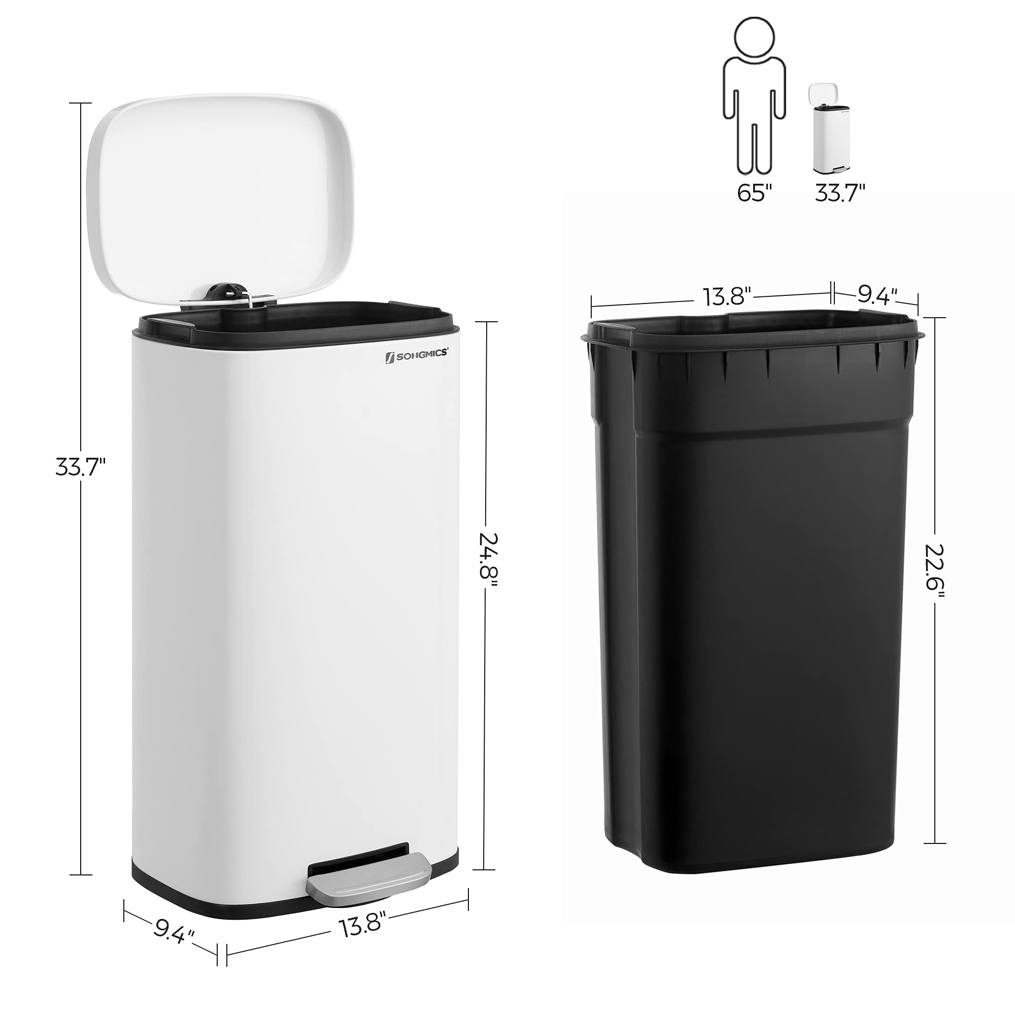 SONGMICS Trash Can with Lid, 8 Gallon Garbage Can, Stainless Steel Small Waste Bin with Step Pedal and Inner Bucket, Soft Close, Kitchen, White ULTB102W01 - Image 5
