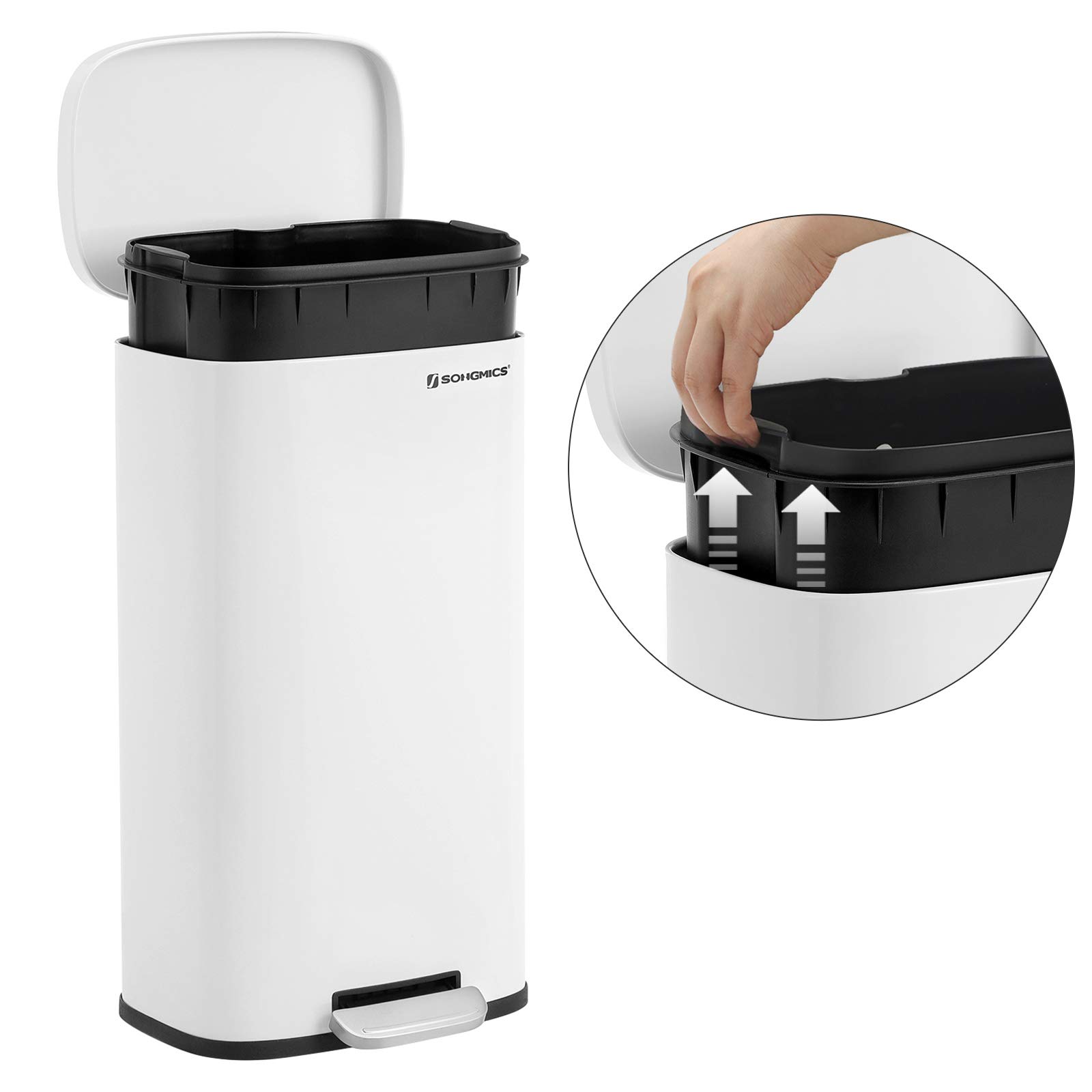 SONGMICS Trash Can with Lid, 8 Gallon Garbage Can, Stainless Steel Small Waste Bin with Step Pedal and Inner Bucket, Soft Close, Kitchen, White ULTB102W01 - Image 6