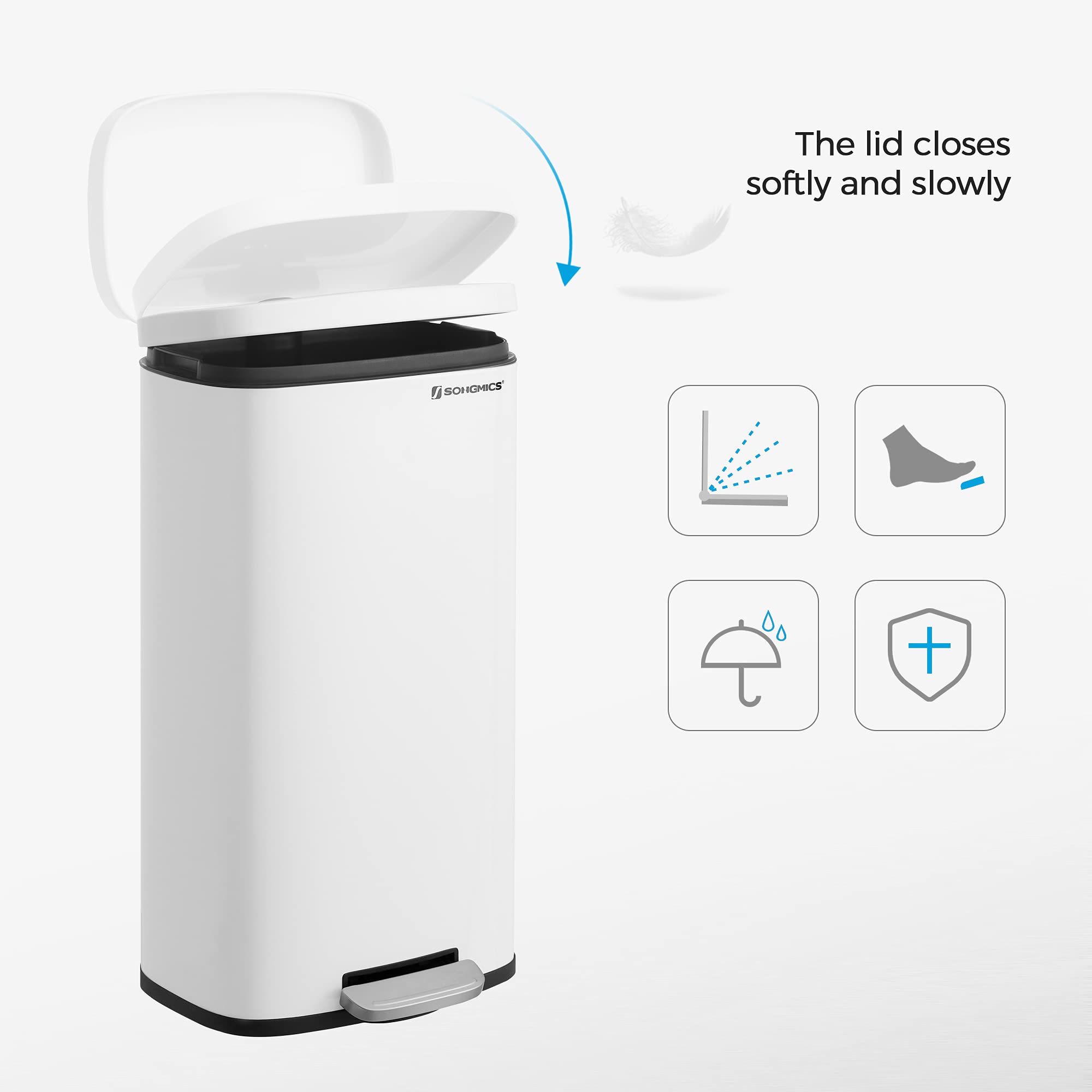 SONGMICS Trash Can with Lid, 8 Gallon Garbage Can, Stainless Steel Small Waste Bin with Step Pedal and Inner Bucket, Soft Close, Kitchen, White ULTB102W01 - Image 7