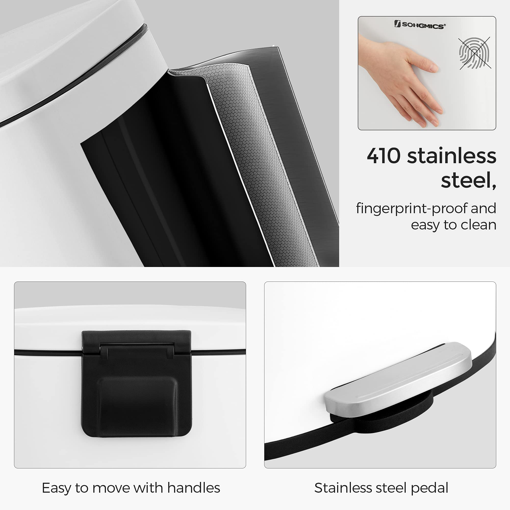 SONGMICS Trash Can with Lid, 8 Gallon Garbage Can, Stainless Steel Small Waste Bin with Step Pedal and Inner Bucket, Soft Close, Kitchen, White ULTB102W01 - Image 8