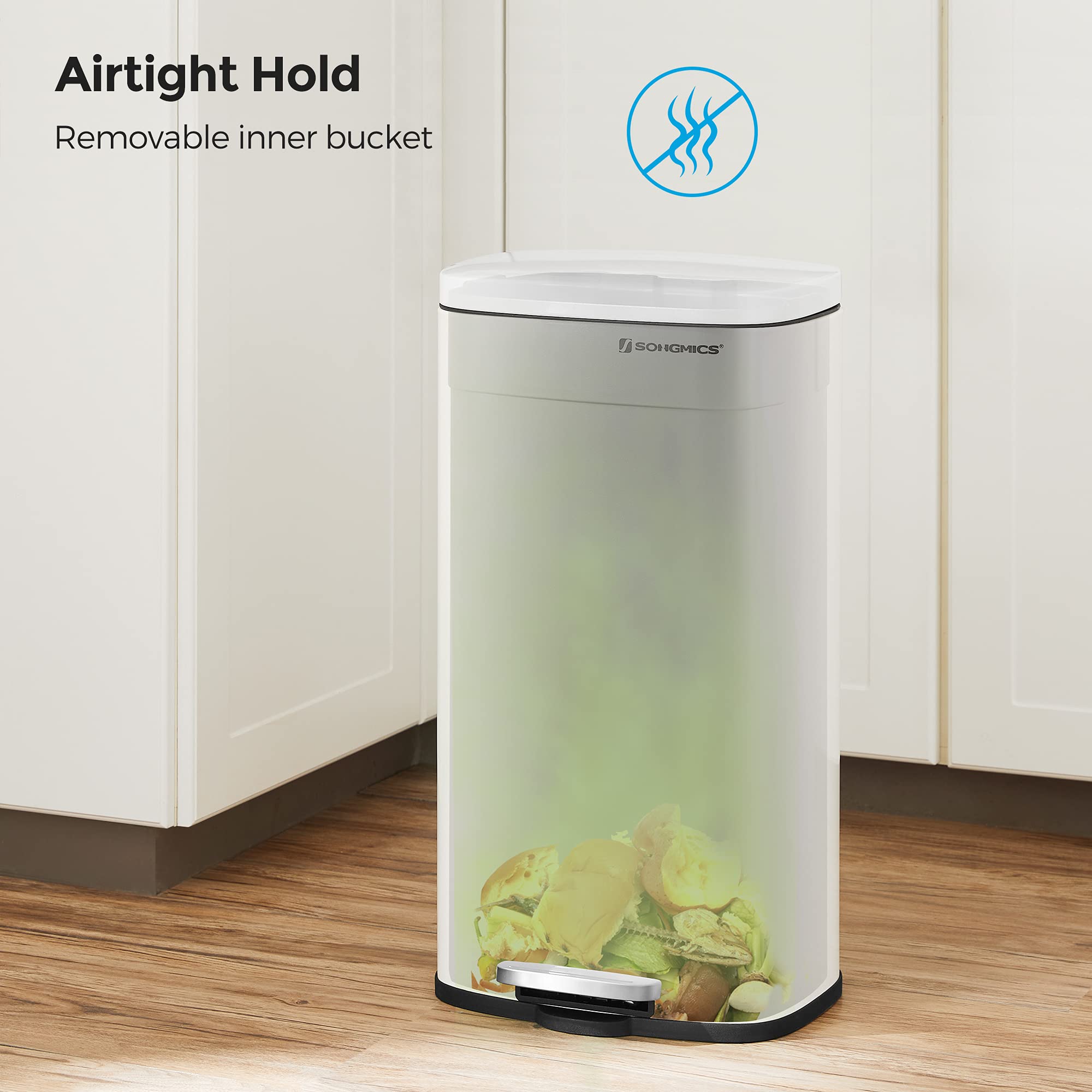 SONGMICS Trash Can with Lid, 8 Gallon Garbage Can, Stainless Steel Small Waste Bin with Step Pedal and Inner Bucket, Soft Close, Kitchen, White ULTB102W01 - Image 9