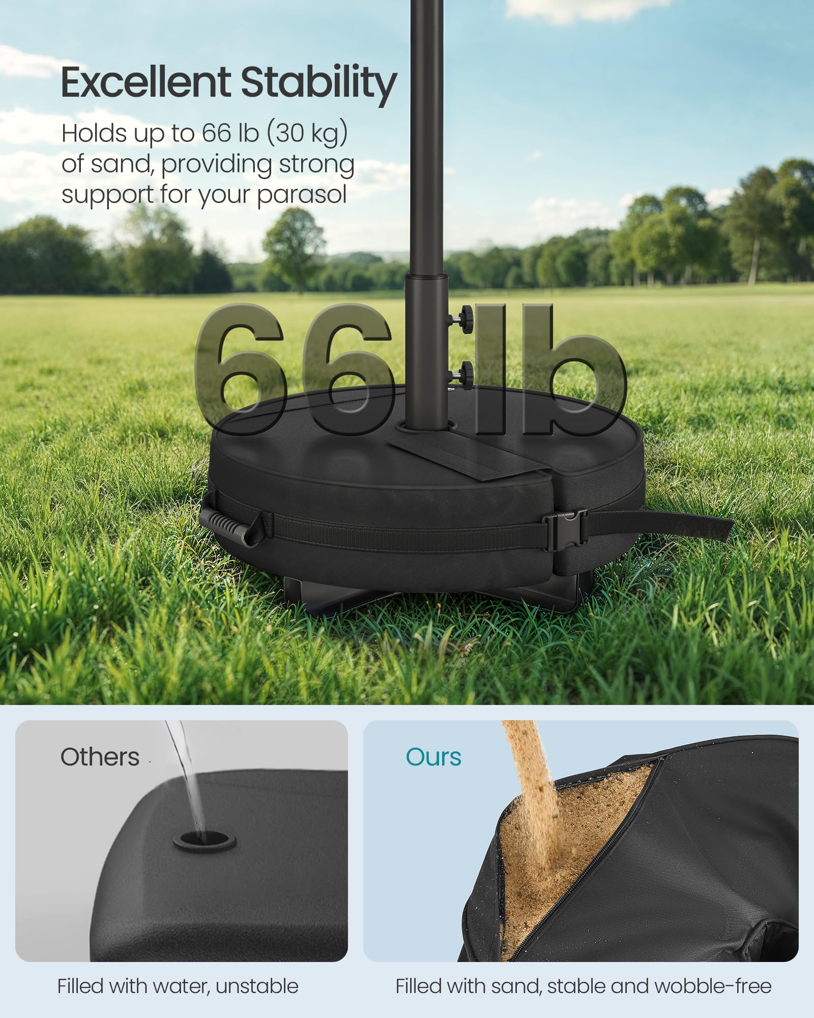 SONGMICS Umbrella Base, Round Patio Umbrella Stand, Sand Fillable Bag 66 lb, for 5-10 ft Umbrellas, Heavy-Duty, for Poles of Different Diameters, Oudoor Beach Lawn, Black UGUB0041B01 - Image 3