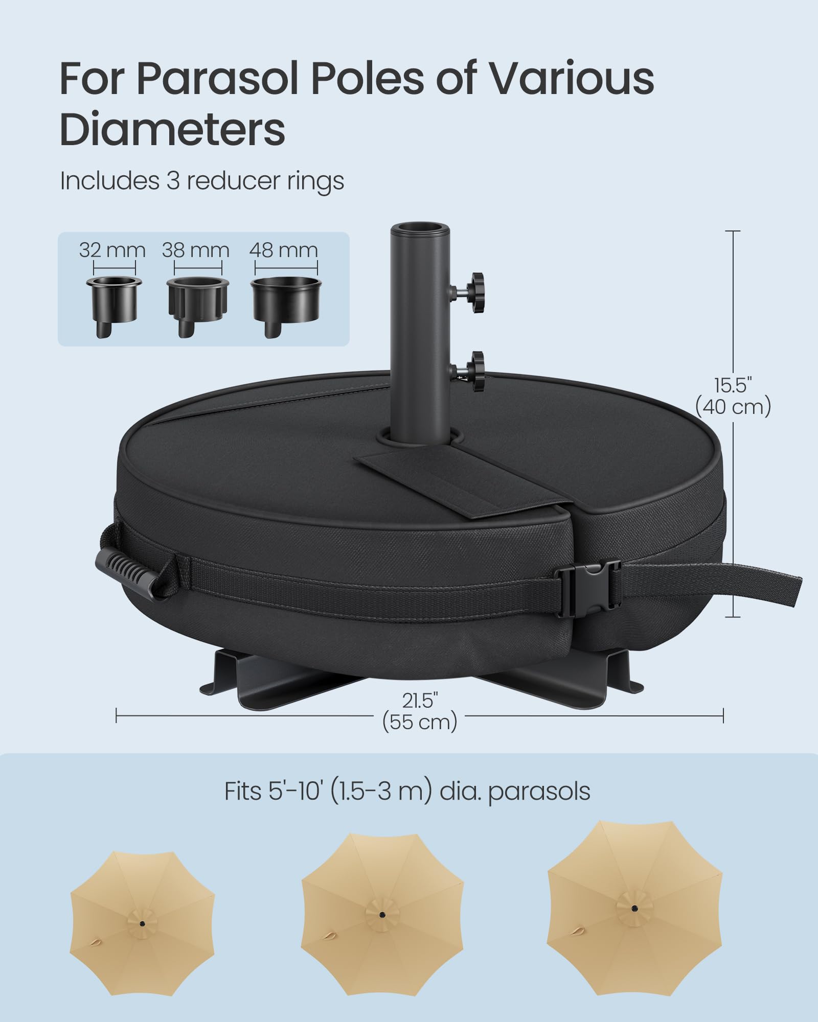 SONGMICS Umbrella Base, Round Patio Umbrella Stand, Sand Fillable Bag 66 lb, for 5-10 ft Umbrellas, Heavy-Duty, for Poles of Different Diameters, Oudoor Beach Lawn, Black UGUB0041B01 - Image 5