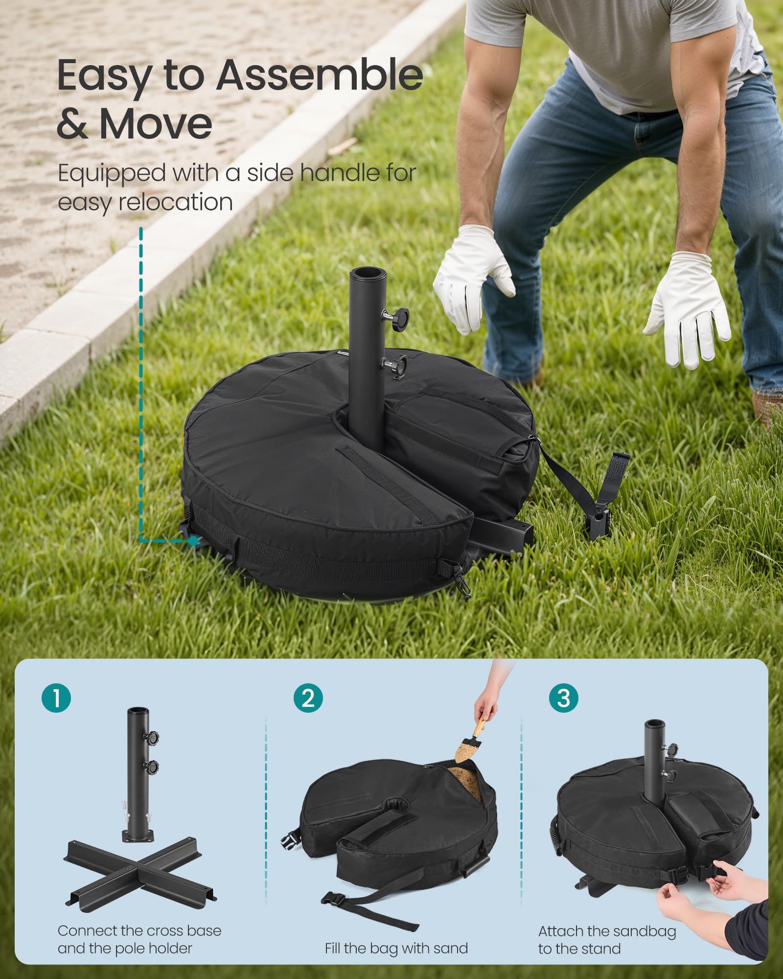 SONGMICS Umbrella Base, Round Patio Umbrella Stand, Sand Fillable Bag 66 lb, for 5-10 ft Umbrellas, Heavy-Duty, for Poles of Different Diameters, Oudoor Beach Lawn, Black UGUB0041B01 - Image 6
