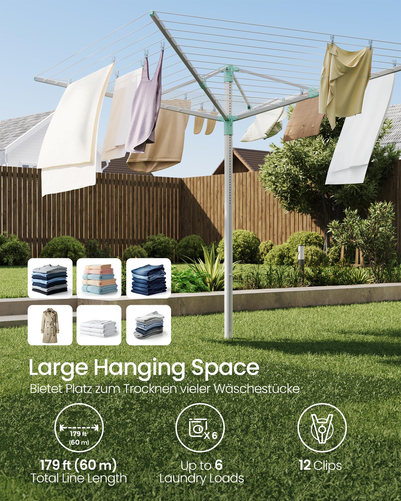 SONGMICS Umbrella Drying Rack, Retractable Outdoor Drying Rack, Height Adjustable, 197 ft Long Clothesline, Holds 6 Laundry Loads, for Garden, with Ground Spike, Cover, Silver and Green ULLR302E01 - Image 4