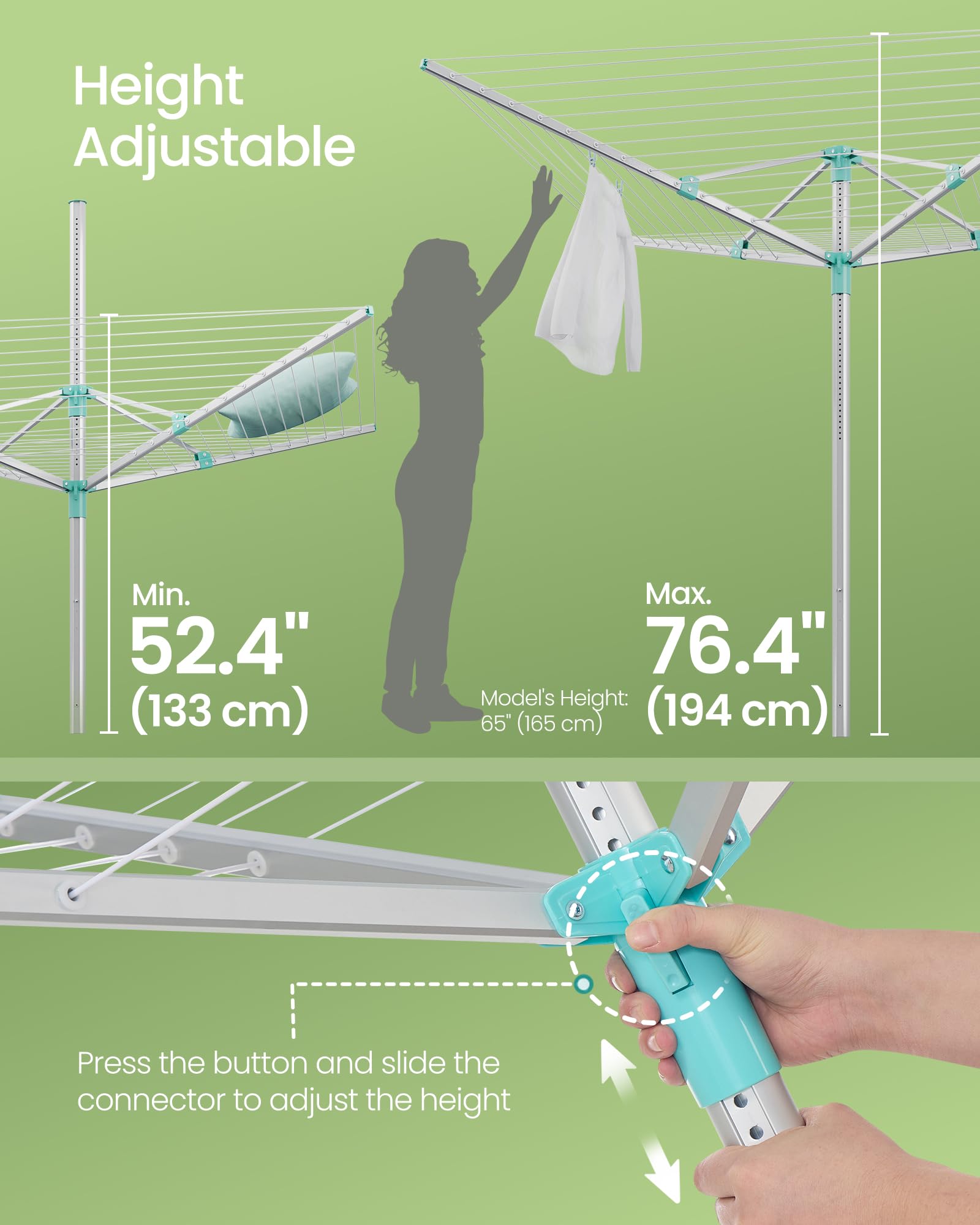 SONGMICS Umbrella Drying Rack, Retractable Outdoor Drying Rack, Height Adjustable, 197 ft Long Clothesline, Holds 6 Laundry Loads, for Garden, with Ground Spike, Cover, Silver and Green ULLR302E01 - Image 5