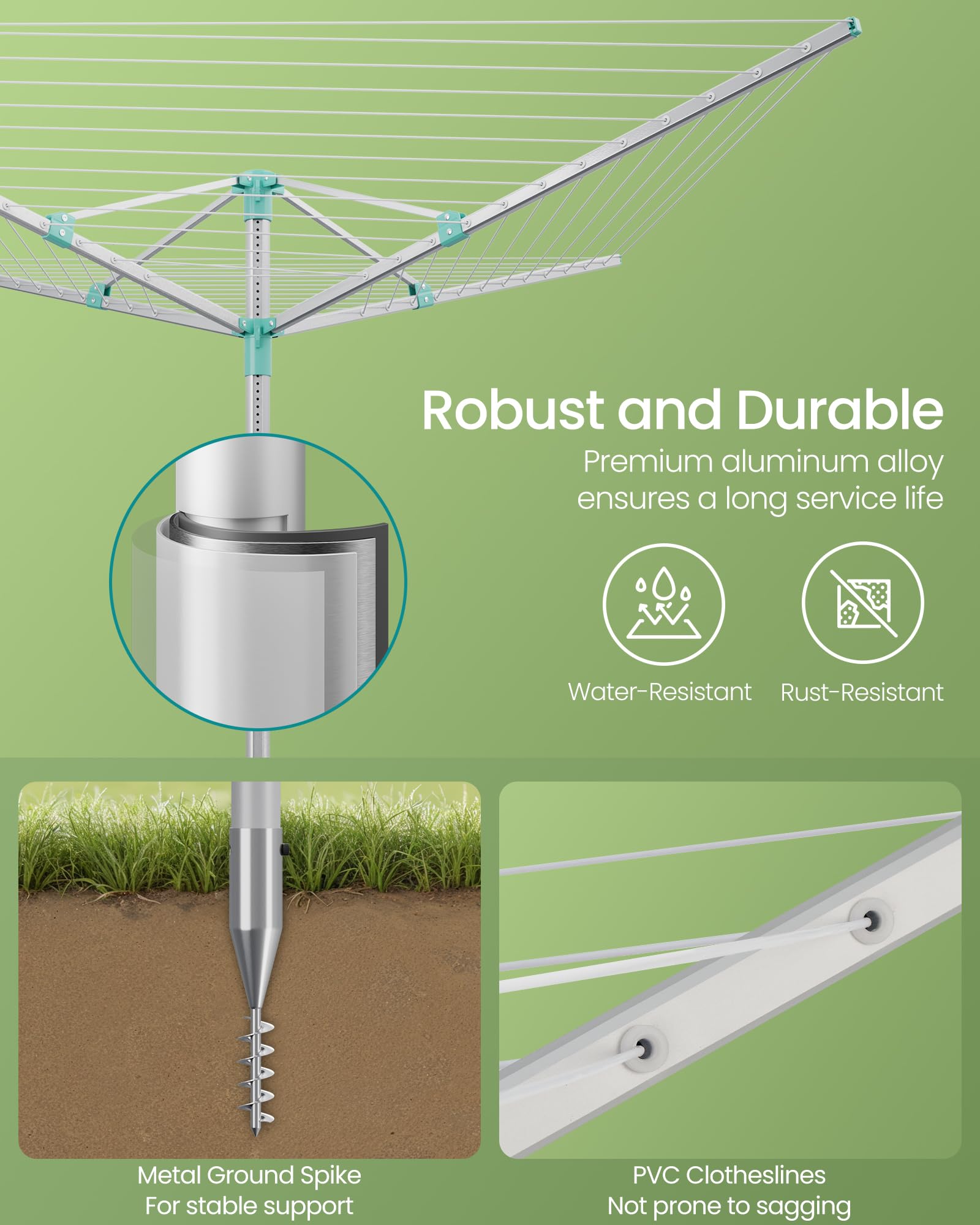 SONGMICS Umbrella Drying Rack, Retractable Outdoor Drying Rack, Height Adjustable, 197 ft Long Clothesline, Holds 6 Laundry Loads, for Garden, with Ground Spike, Cover, Silver and Green ULLR302E01 - Image 6
