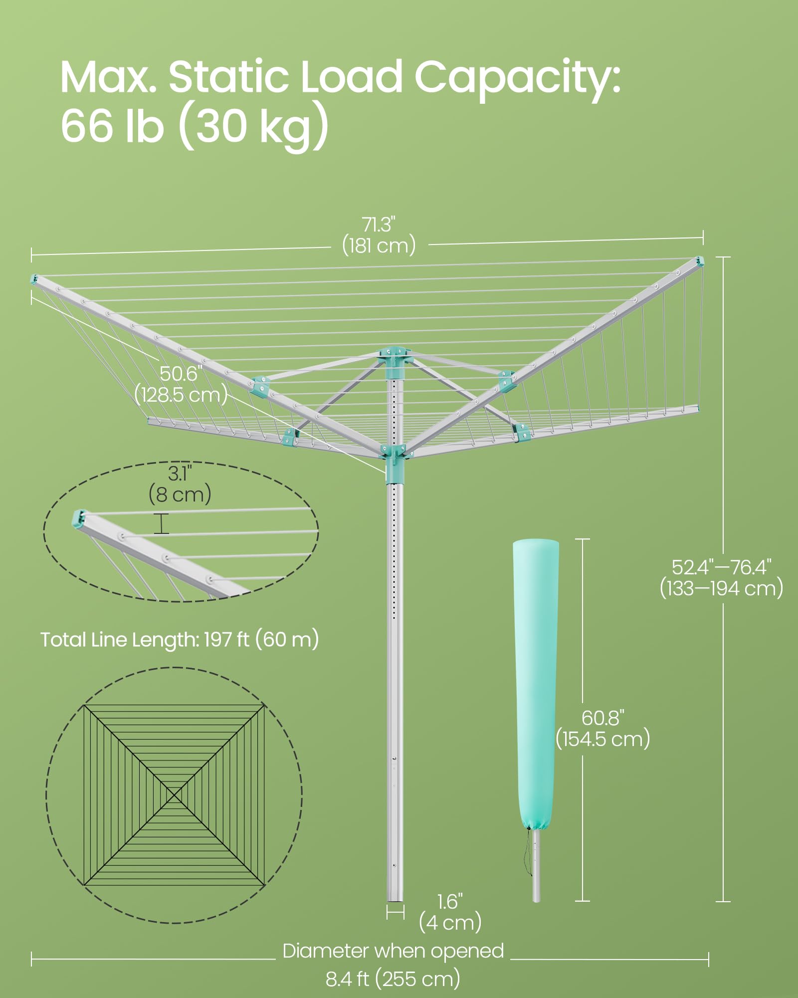 SONGMICS Umbrella Drying Rack, Retractable Outdoor Drying Rack, Height Adjustable, 197 ft Long Clothesline, Holds 6 Laundry Loads, for Garden, with Ground Spike, Cover, Silver and Green ULLR302E01 - Image 7