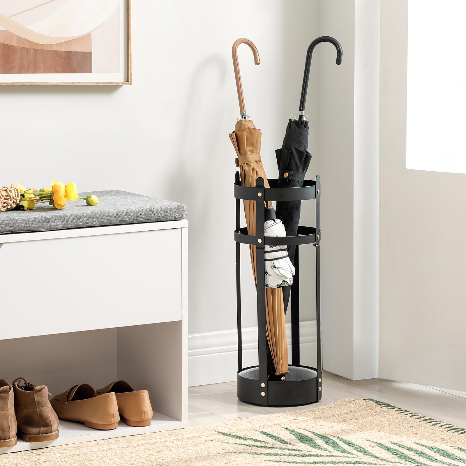 SONGMICS Umbrella Stand, Steel Round Umbrella Holder Rack, 7.7 x 7.7 x 21.7 Inches, with Detachable Drip Tray, for Entryway, Office, Stable, Assembly Required, Matte Black ULUC28BK - Image 3