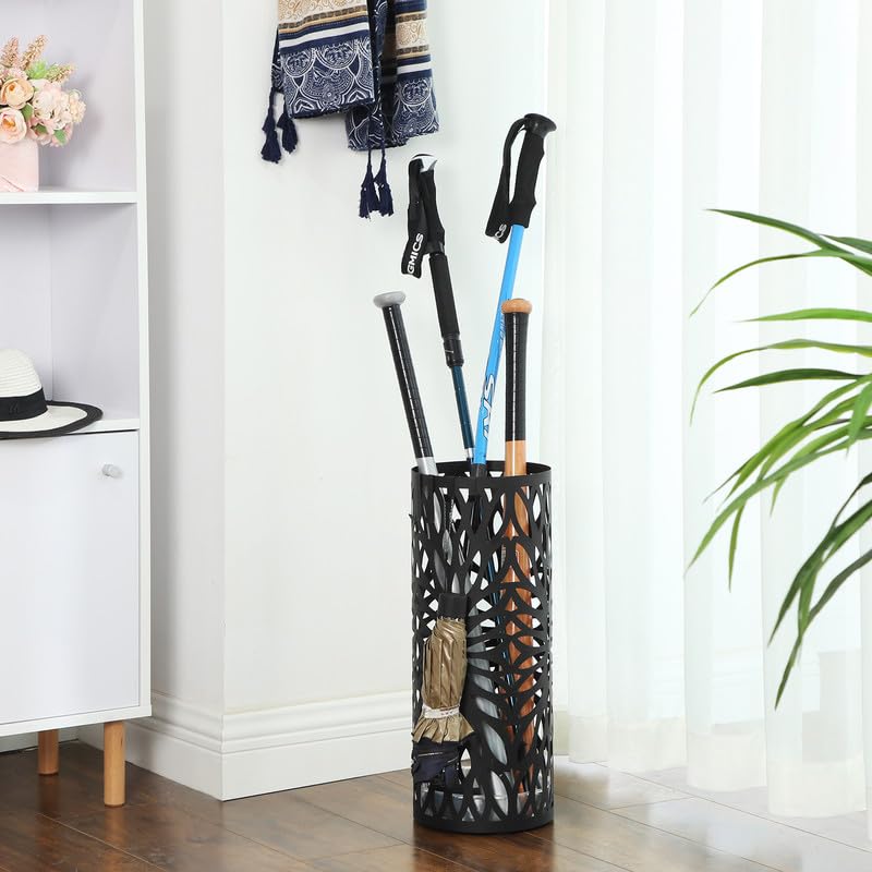SONGMICS Umbrella Stand, Umbrella Holder for Entryway, Steel Round Umbrella Rack Freestanding, for Canes Walking Sticks, with a Detachable Drip Tray, 2 Long and 2 Short Hooks, Matte Black ULUC20B - Image 3