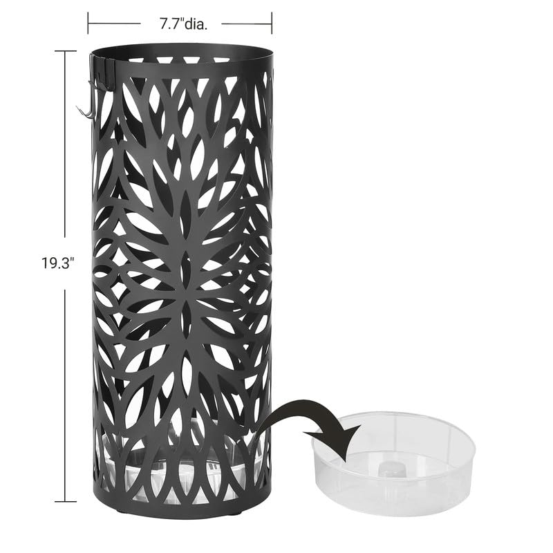 SONGMICS Umbrella Stand, Umbrella Holder for Entryway, Steel Round Umbrella Rack Freestanding, for Canes Walking Sticks, with a Detachable Drip Tray, 2 Long and 2 Short Hooks, Matte Black ULUC20B - Image 5