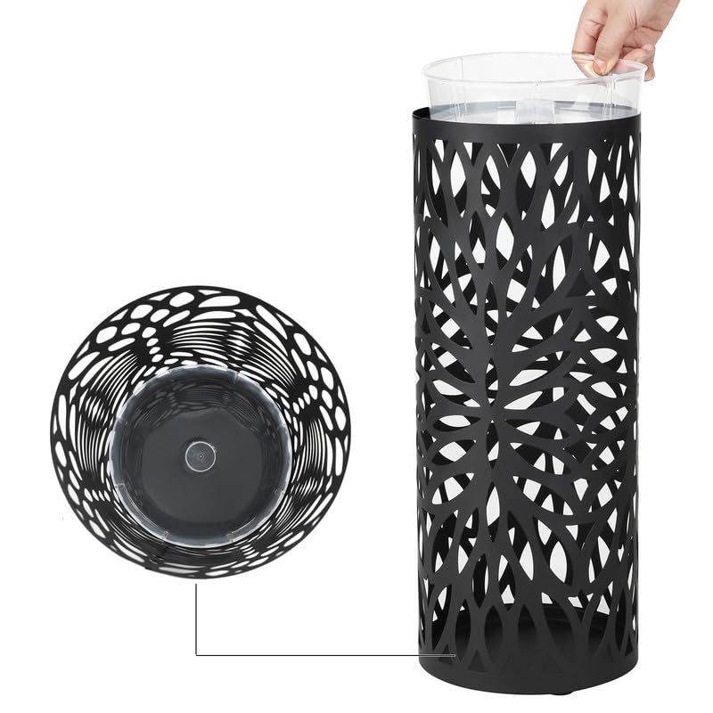 SONGMICS Umbrella Stand, Umbrella Holder for Entryway, Steel Round Umbrella Rack Freestanding, for Canes Walking Sticks, with a Detachable Drip Tray, 2 Long and 2 Short Hooks, Matte Black ULUC20B - Image 7