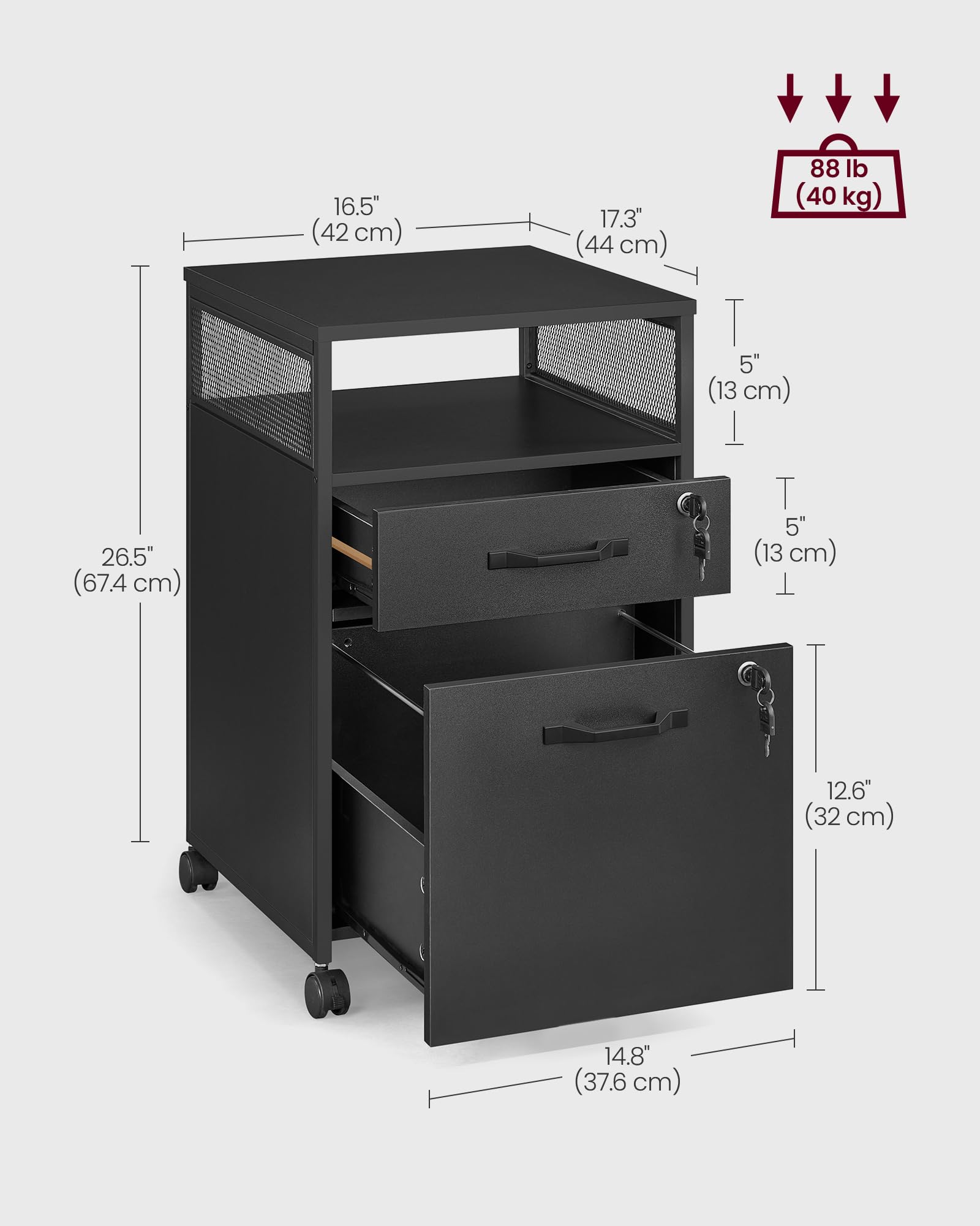 VASAGLE File Cabinet, Mobile Filing Cabinet with Wheels, 2 Lockable Drawers, Open Shelf, for A4, Letter Size, Hanging File Folders, Ink Black UOFC077B16 - Image 3