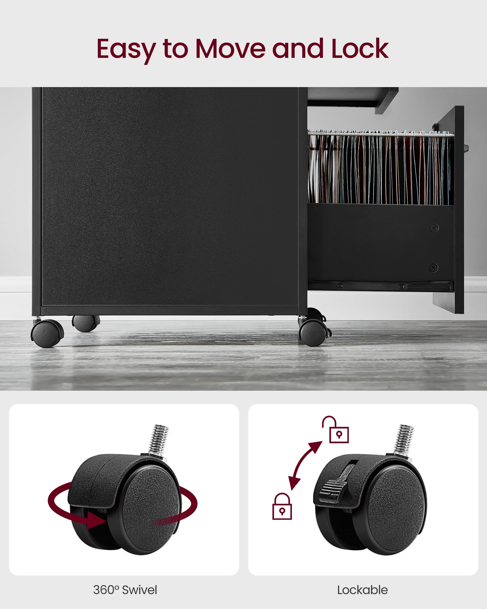 VASAGLE File Cabinet, Mobile Filing Cabinet with Wheels, 2 Lockable Drawers, Open Shelf, for A4, Letter Size, Hanging File Folders, Ink Black UOFC077B16 - Image 7