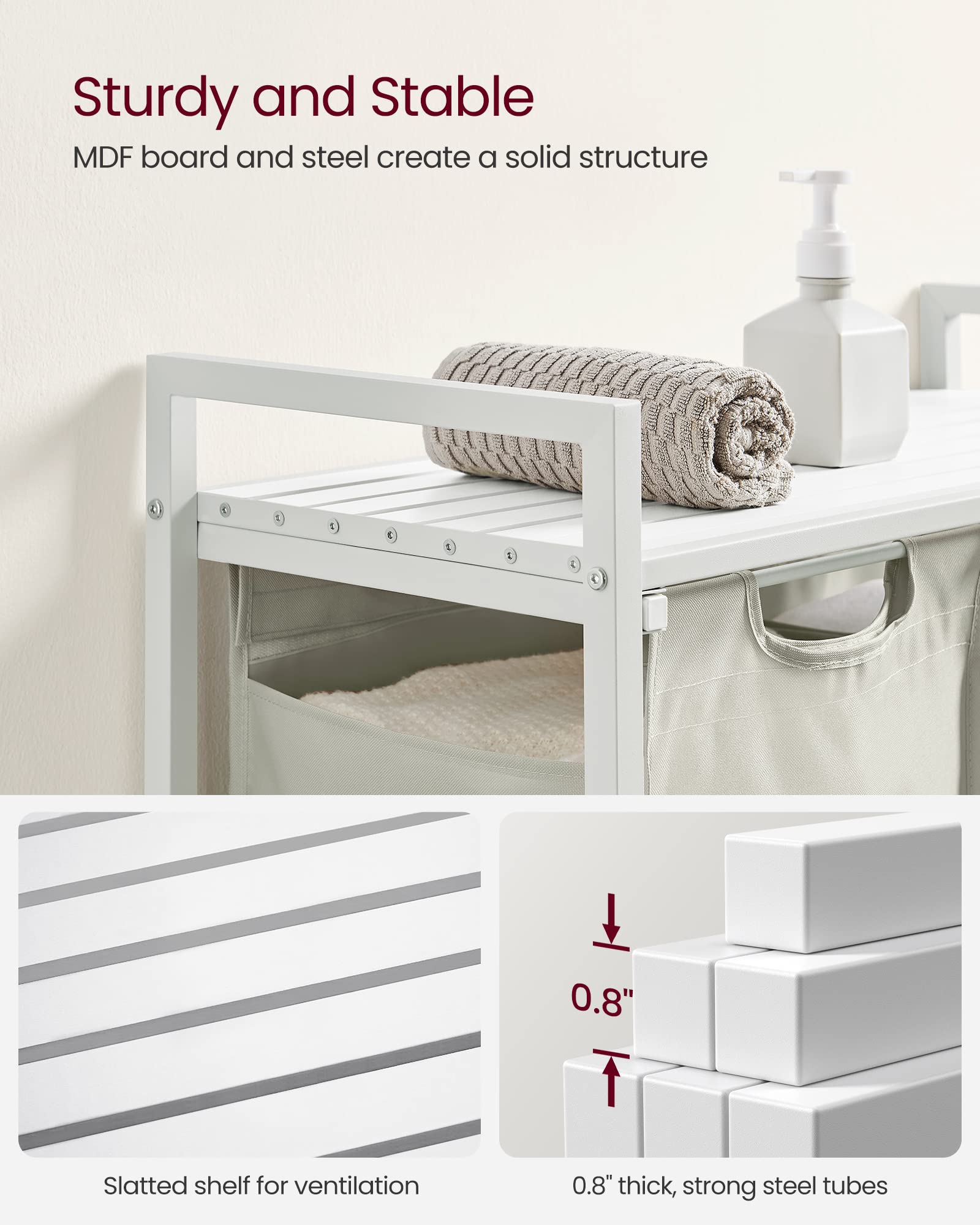 VASAGLE Laundry Hamper, Laundry Basket, Laundry Sorter with 2 Pull-Out and Removable Bags, Shelf, Metal Frame, 2 x 12.1 Gallons (46 L), 28.8 x 13 x 28.4 Inches, Cream White and Cloud White UBLH201W01 - Image 5