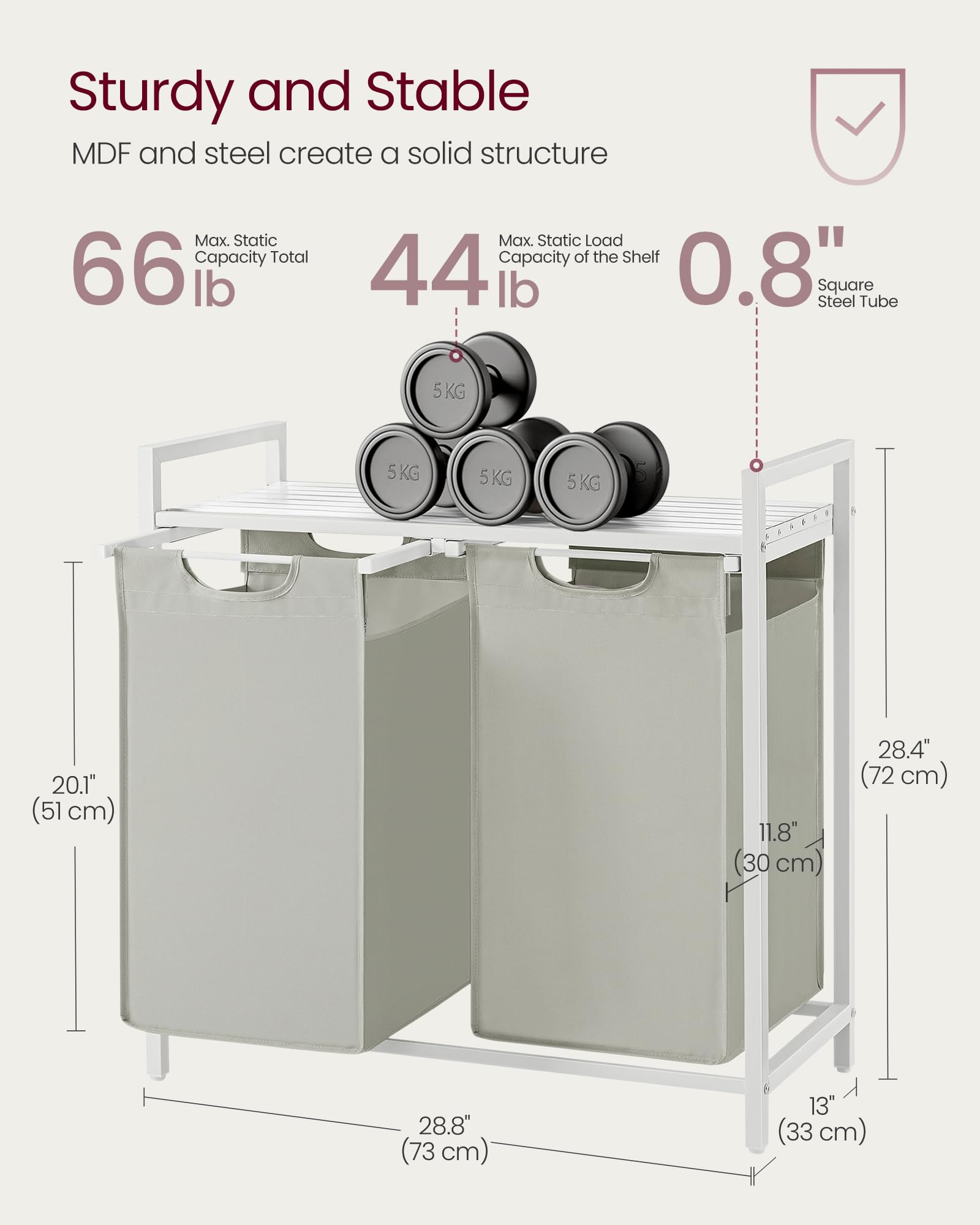 VASAGLE Laundry Hamper, Laundry Basket, Laundry Sorter with 2 Pull-Out and Removable Bags, Shelf, Metal Frame, 2 x 12.1 Gallons (46 L), 28.8 x 13 x 28.4 Inches, Cream White and Cloud White UBLH201W01 - Image 7