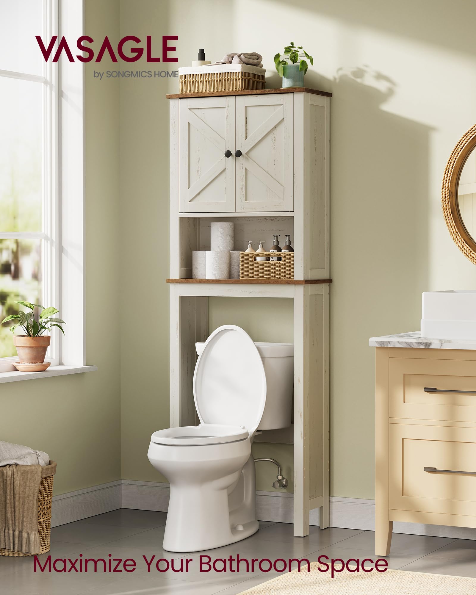 VASAGLE LIRY Collection - Over-The-Toilet Storage Cabinet, 23.6-Inch Wide Farmhouse Bathroom Organizer, with Barn Doors, Adjustable Shelf, Space-Saving, Rustic White UBTS026W01 - Image 3