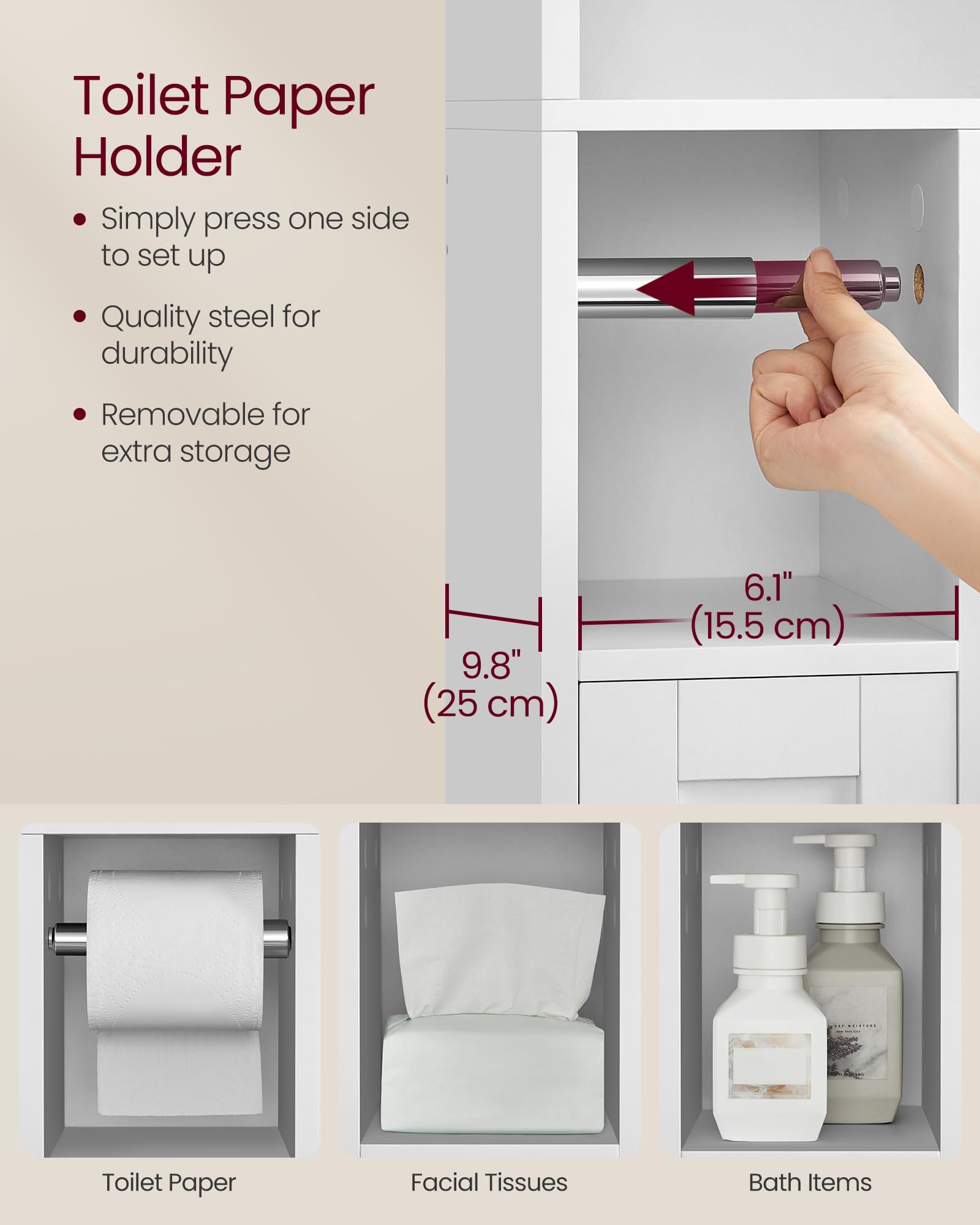 VASAGLE Over The Toilet Storage Shelf, Bathroom Storage Cabinet with Sliding Door, Adjustable Shelves, Toilet Paper Holder, Space-Saving, Modern, 9.8 x 32.7 x 66.9 Inches, Cloud White UBTS018W01 - Image 4